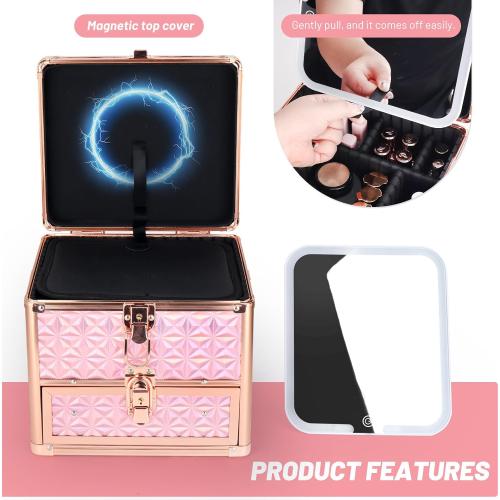 Makeup Case with Drawer, Detachable Lighted LED Mirror, Travel Vanity Organizer, Portable Cosmetic Train Case, Lockable Makeup Suitcase with Adjustable Dividers, Shoulder Strap, Brush Holder