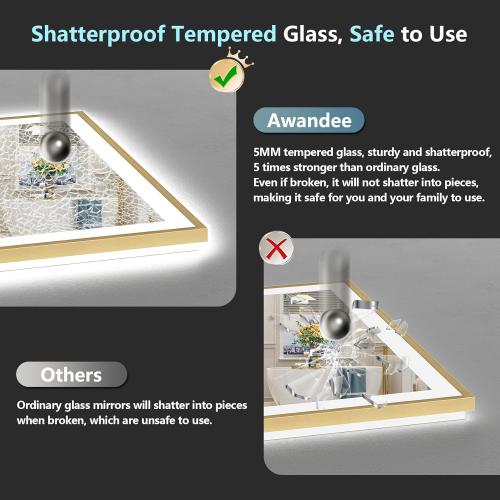 28x36 Gold LED Bathroom Mirror with Lights, Brushed Gold Framed Backlit and Front Lit Anti-Fog Lighted Vanity Mirrors for Bathroom Wall, Dimmable, 3 Colors, Memory, HD Tempered Glass, CRI＞90