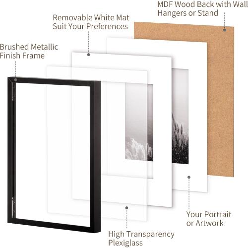 ZLG Black 5x7 Frame, Premium 5x7 Metal Frame Matted to 4x6, 5x7 Picture Frame, High Definition Plexiglass, Wall Hook Included, Set of 1