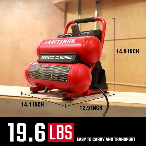 Craftsman 2-Gallon Air Compressor, 1/3 HP Oil-Free Twin Tank, 125 PSI | Lightweight, Home DIY, Tire Inflation, Spray Painting, Oil-free, Low Maintenance, Quiet Operation, 0.5 CFM @ 90PSI