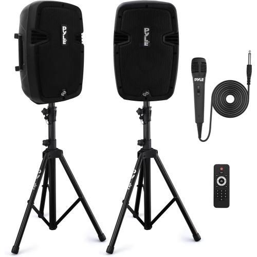Pyle Powered Bluetooth PA Speaker Kit - Event Ready - Just Plug In and Play Active and Passive 350w Loudspeakers with Wired Microphone, Speaker Stands, Remote - MP3/USB/SD/AUX inputs - PPHP849KT