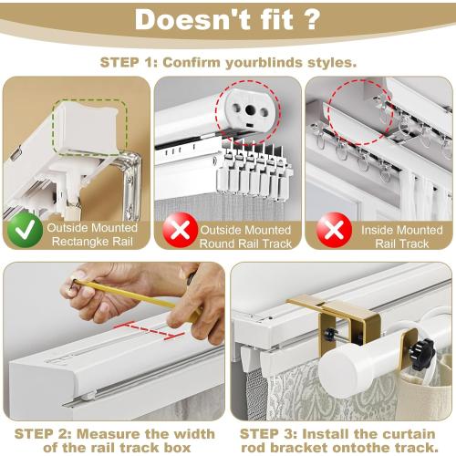 Outside Mounted Blinds Curtain Rod Bracket,Adjustable 1.2 - 2 Inch Width Track,Tool-Free and Drill-Free, Ideal for Living Rooms,Bedrooms,Restaurant and Offices Curtain Rod Brackets(Gold,2Pack)