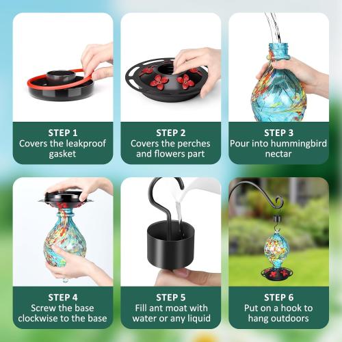 Hummingbird Feeders for Outdoors Hanging Ant and Bee Proof, Hand Blown Glass Hummingbird Feeder with 5 Perches, 30 Fuild Oz Capacity, Garden Backyard Decor, Blue