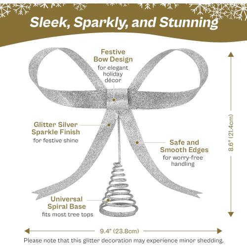 Large Metal Bow Christmas Tree Topper,9.4 Inch Glitter Silver Tree Topper,Silver Bow Christmas Tree Decorations for Xmas Home Decor Holiday Party Indoor Outdoor Shop Office