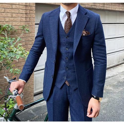 Men's 3 Piece Tweed Suit Herringbone Slim Fit Wool Blend Tuxedos Set Vintage Work Wedding Business Jacket Blazer Vest Pants Size 42