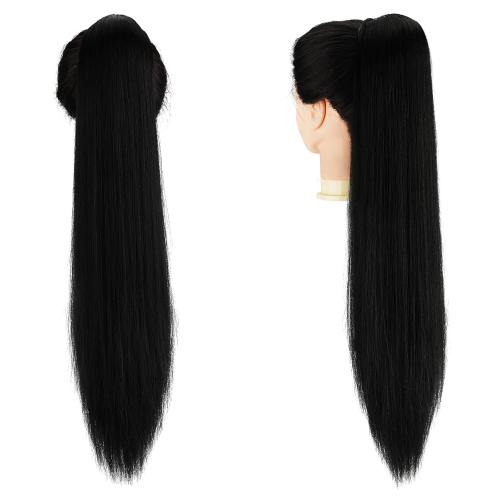 FESHFEN Straight Ponytail Extensions, Long Drawstring Pony Tails Synthetic Hair Piece Clip in Ponytails Hairpieces for Women, Natural Black 28 inch
