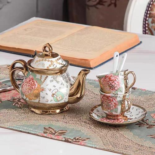 CHANJOON Gold Plated Red Rose Ceramic Tea Set, Vintage Teapot, Beautiful Tea Set Coffee Serving 6 People (Golden, large)