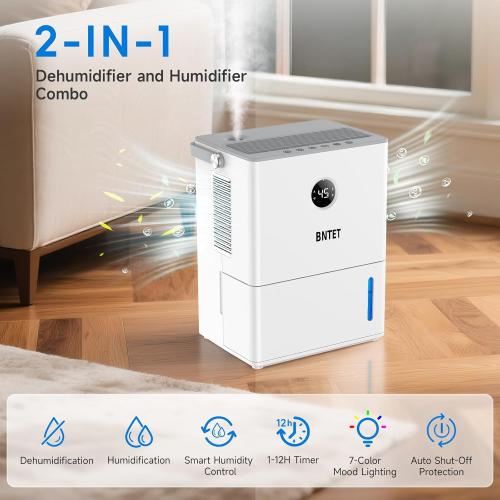 2-in-1 Dehumidifier and Humidifier Combo, 68 oz Tank with Auto Shutoff, Smart Humidity Control, 30-Second Rapid Dehumidification, 12H Timer, 7-Color LED Light for Home Use