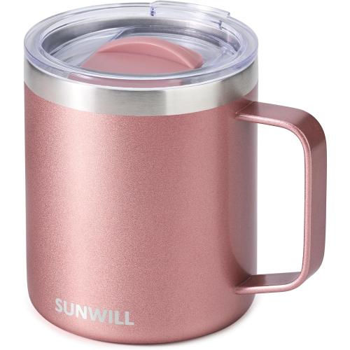 SUNWILL Travel Coffee Mug with Lid, Insulated Tumbler with Handle, 14 oz Stainless Steel Cup for Ice, Water, Tea, Rose Gold