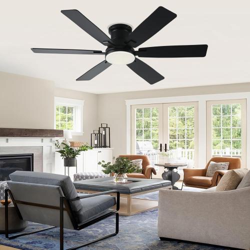 52 inch Black Ceiling Fans with Lights and Remote - Flush Mount Low Profile Ceiling Fan with Light, Reversible, 3CCT, Dimmable, Modern Indoor Ceiling Fan for Bedroom Living Room, Covered Patios
