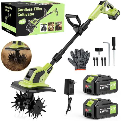 21V Cordlees Tiller Cultivator for Gardening, 400RPM Electric Garden Tiller, Brushless Rototiller with 2 * 3.0Ah Battery, 9.5 Width 7 Depth, for Yard、Lawn、Soil Tiller (Green)