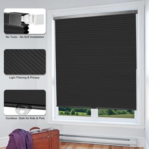 Cordless Cellular Shades, No Drill No Tools Honeycomb Window Blinds, Blackout Light Blocking Cellular Shades for Window, Thermal Insulation Blinds, Easy to Install, Black 29 W x 64 H