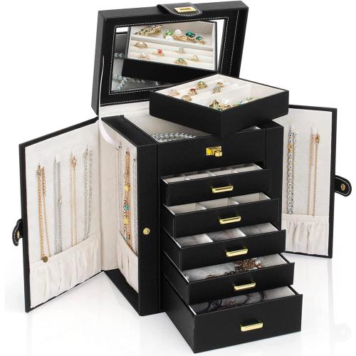 AKOZLIN Jewelry Box Organizer Functional Leather Jewelry Storage Case for Women Girls Ring Necklace Earring Bracelet Holder Organizer with Mirror Black