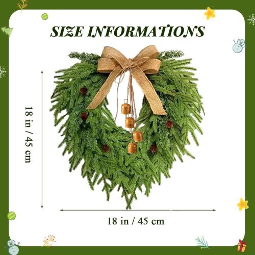 Faux Christmas Norfolk Pine Wreath with 4 Pcs Rustic Vintage Iron Bells,20 Inch Artificial Green Wreath Greenery Realistic Wreath Holiday Decoration (Bow)