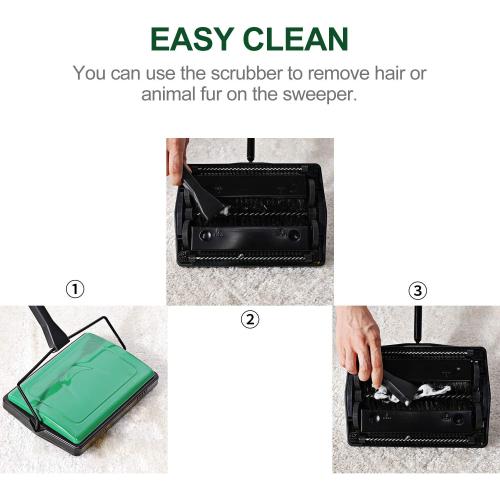 Yocada Carpet Sweeper Cleaner Manual Non-Electric Hand Push Green | for Home Office Low Carpets Rugs Undercoat Carpets Pet Hair Dust Scraps Paper Small Rubbish Cleaning with a Brush