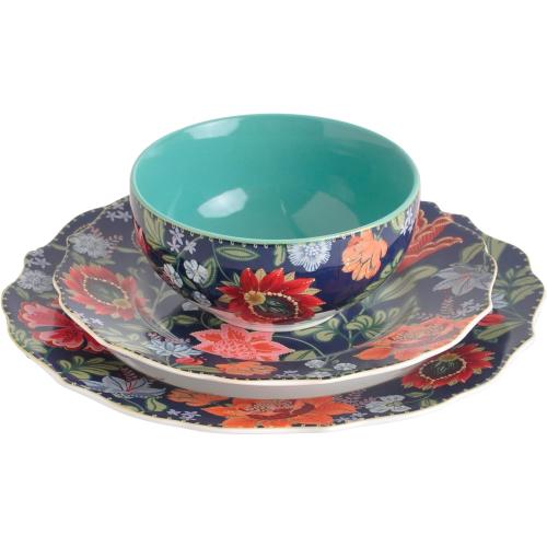 222 Fifth 12-Piece Porcelain Dinnerware Set for 4, White & Parisian Blue Plates and Bowls Set with Gold Rim, Glossy Ceramic Dish Set with Detailed Floral Design, Microwave & Dishwasher Safe, Chintz