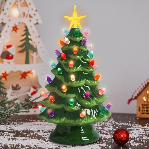 VCUTEKA Small Ceramic Christmas Tree Hand-Painted Vintage Tabletop Green Christmas Tree Holiday Decoration with Multi-Color Lights Xmas Trees 12 inch