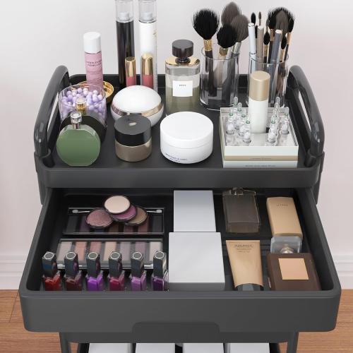 Black Calmootey 3-Tier Rolling Utility Cart with Drawer,Multifunctional Storage Organizer with Plastic Shelf & Metal Wheels,Storage Cart for Kitchen,Bathroom,Living Room,Office,Black