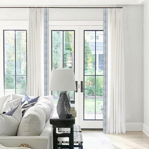 Pinch Pleated Drapes with Blue Embroidered Trim Faux Linen Pinch Pleat Lined Curtains for Sliding Glass Door, 50W x 108L, Beige White V2, 2 Panels