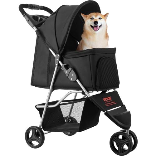 VEVOR Pet Stroller, 35 lbs Weight Capacity, Foldable Dog Cart, 3 Wheels Cats Carts with Mesh Windows and Cup Holders, Portable Pet Carrier Stroller with Brake, for Small to Medium Pets