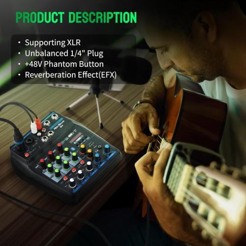 DJ Audio Mixer, DJ Mixers 4 Channel Sound Board with Bluetooth, NEW BAXS Sound Mixer Board XLR/1/4 Interface, USB/MP3 Computer Input 48V Phantom Power Stereo DJ Studio Streaming KTV Stage