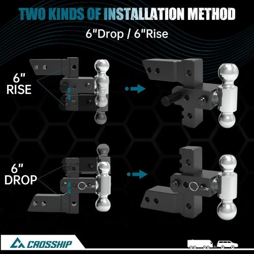 Adjustable Trailer Hitch - Heavy Duty Aluminum Drop Drawbar Hitch - Fits 2.5 Receiver, 6 Drop/Rise, for Truck, SUV, RV(18500 LBS GTW)
