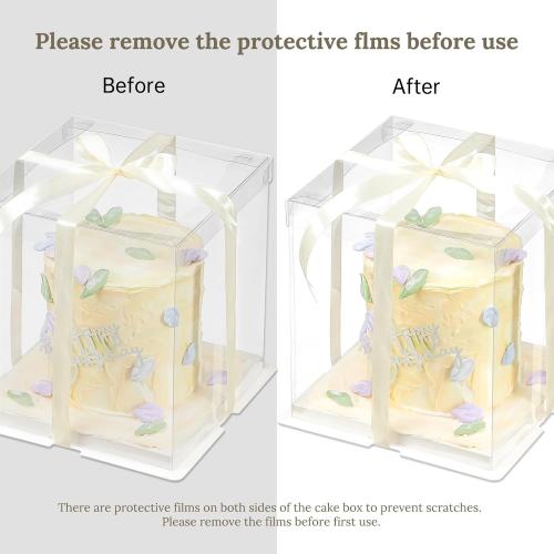Clear Gift Box with Ribbon 2-Layer 8.5x8.5x9 Inch, Transparent Cake Carrier Box with Lids, PET Tall Cake Packaging Boxes, Clear Gift Boxes for Birthday,Wedding and Festival Party