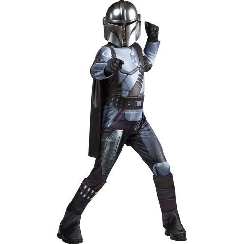 STAR WARS THE MANDALORIAN HALLOWEEN COSTUME FOR KIDS - Dlx Powerwall Jumpsuit w/Printed Design   Gloves, Cape, & 3D Headpiece