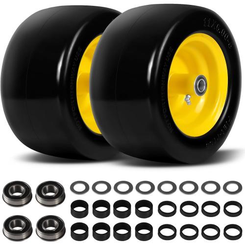 11x6.00-5 Flat Free Lawn Mower Tire Wheels; 2 Packs Smooth Tread Puncture-proof Tire for Lawnmowers, Replacement 3/4 & 4 Pcs 5/8 Bearing with 24 Spacers for Zero Turn Mowers 、Garden Tractors Carts