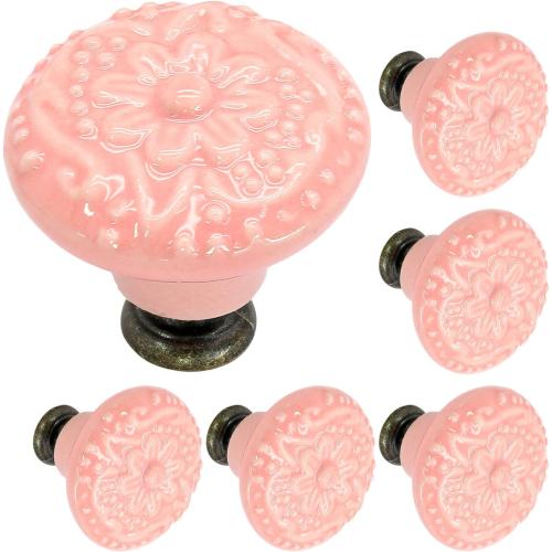 Biaungdo 6 Pcs Pink Ceramic Kitchen Cabinet Knobs and Pulls, Retro and Vintage Round Drawer Knobs for Cabinet, Drawer, Cupboard and Closet Door Handles