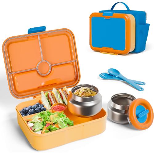 Kids Bento Lunch Box with Thermo: 8oz Insulated with Leak Proof Vacuum - 4 Compartment Hot Food Jar Insulated Lunch Bag - Two Temperature Zones - for Toddler Girls Boys School Trvael (Blue)