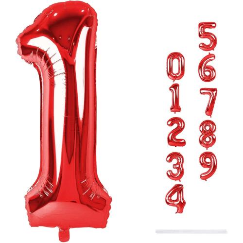 Red Number 1 Balloons, 40 Inch Large Foil Number Balloons Set 0-9 for Women, Self Inflating Digital 1 Helium Balloon for Girls Boys 1st Age Birthday Anniversary Party Decorations Photo Shoot Supplies