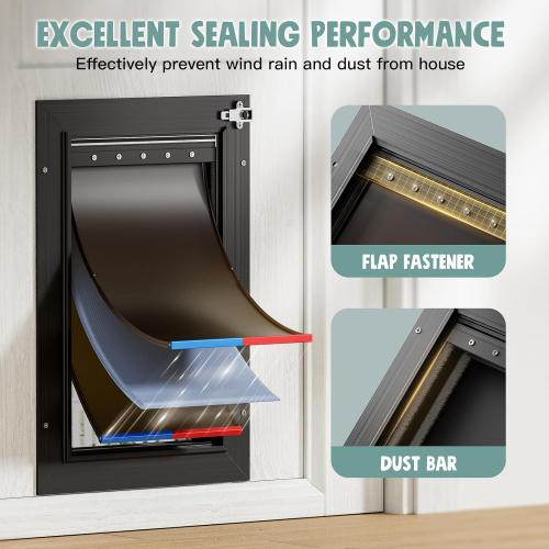 Dog Door for Door All Aluminum 3 Flaps Black, Large Dog Doggy Doggie Door, Heavy Duty Pet Door for Dogs Cats, with Insulation Flap, Telescoping Tunnel, Sliding Closing Panel, for Pets Up to 110lb