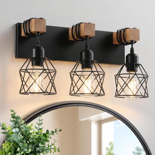 Farmhouse Bathroom Light Fixtures, 3-Light Vanity Lights for Bathroom, Black Wood Bathroom Lighting Over Mirror with Metal Shades, Bulbs Not Included