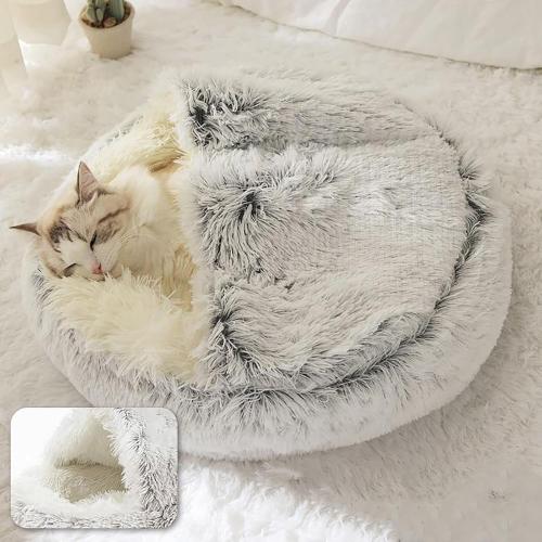ShinHye Cat Bed Round Plush Fluffy Hooded Cat Bed Cave, Cozy for Indoor Cats or Small Dog beds, Soothing Pet Beds Doughnut Calm Anti-nxiety Dog Bed - Waterproof Bottom Washable