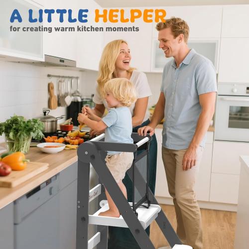 Foldable Toddler Tower, Toddler Kitchen Stool Helper with Safety Net, Wooden Kitchen Step Stool for Toddlers with Adjustable Height, Standing Tower for Learning and Cooking(Blue)