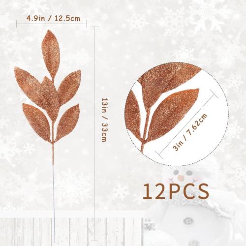 GREENTIME 12 Pack Artificial Brown Glitter Leaves 13 Fake Christmas Picks Decorative Glitter Sticks for Vase Christmas Tree DIY Wreath Crafts Fireplace Decor