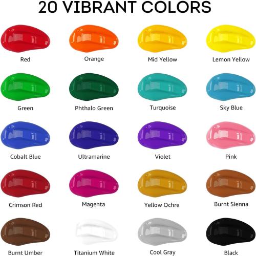 ABEIER Acrylic Paint, 20 Colors (250 ml/8.45oz) Acrylic Paint Bottle Set, Non-Toxic, Rich Pigments Bulk Painting Supplies for Canvas Crafts Wood Ceramic, Ideal for Artists, Beginners and Students