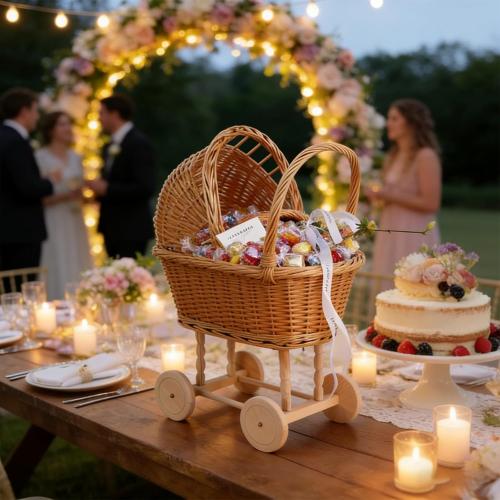 Wicker Flower Girl Basket with Handle, Vintage Rattan Baby Stroller Basket for Wedding Ceremony, Woven Baby Shower Decoration Basket for Church Parties