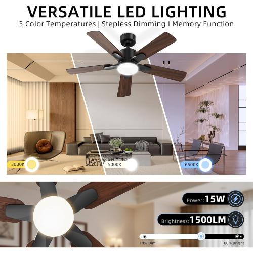 52 Inch Ceiling Fans with Lights, Large Ceiling fan with Light and Remote/APP Control, Quick Installation, 3CCT, Dimmable, Noiseless Reversible Motor, 5 Blades Black Ceiling Fan for Outdoor Indoor