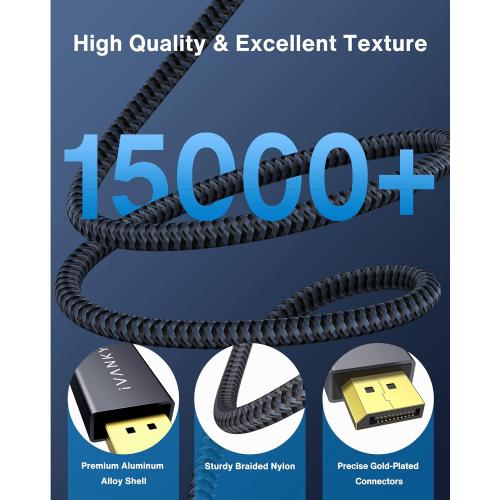 IVANKY Display Port Cable 10ft, Display Port Cord, [4K@60Hz, 2K@165Hz, 2K@144Hz], Gold-Plated Braided High Speed DP to DP Cable 10ft, DisplayPort 1.2 Cord for Gaming Monitor, TV, PC, Laptop