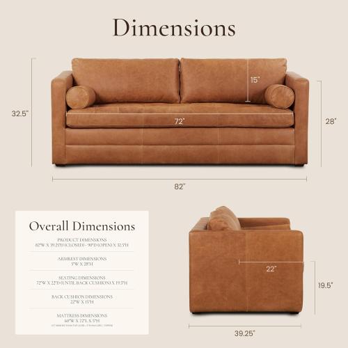 POLY & BARK Napa 82 Leather Pull‑Out Sleeper Sofa – Full‑Grain Italian Leather Upholstery,Tri‑Layer Mattress & Storage Console –Sophisticated Multi‑Functional Sofa Bed for Living Rooms & Guest Spaces