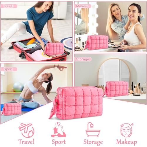 Puffer Quilted Makeup Bag Cosmetic Bags,Puffy Travel Toiletry Pouch for Women,Cute Checkered Zipper Bag Travel Essential,Portable Aesthetic Make up Organizer Bag for Gifts Work Daily(Pink,M)