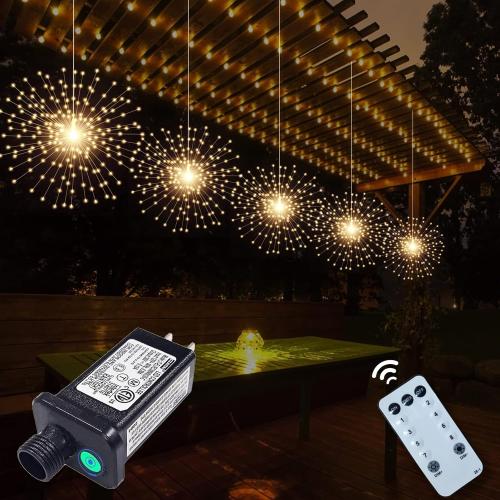 5 Pack 1000LED Plug in Starburst Sphere Lights,Firework Light 8 Modes Dimmable Remote Control Waterproof Hanging Copper Wire Fairy Light for Patio Party Tent Christmas (Warm White)