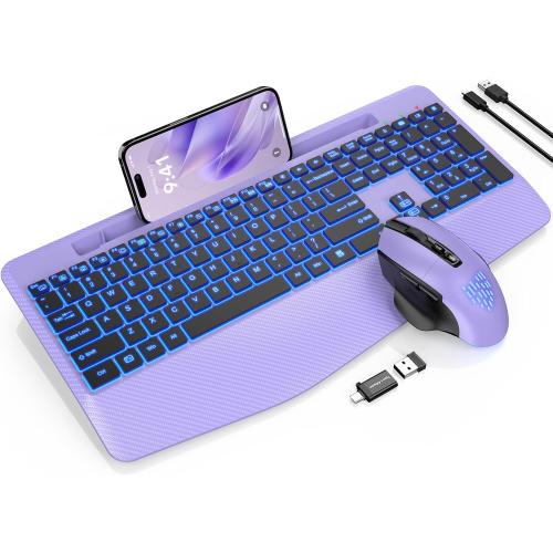Wireless Keyboard and Mouse Backlits, Wrist Rest, LED Mouse, Rechargeable Ergonomic Keyboard with Phone Holder, Silent Light Up Combo for Computer, Mac, PC, Laptop, Chromebook (Black ? )
