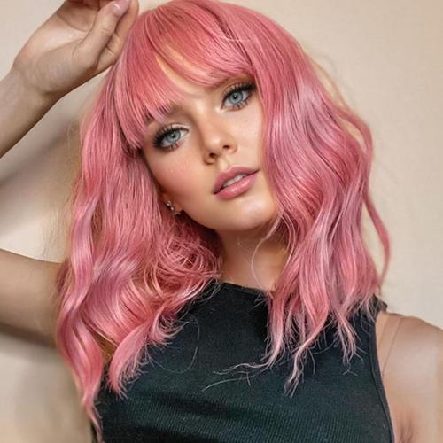 14 Pink VCKOVCKO 14Inches Loose Wave Bob Wig Wavy Pink Bob Wig with Air Bang Curly Hair Wigs Synthetic Cosplay Party Wigs for Women (14Inches,Solid Pink)