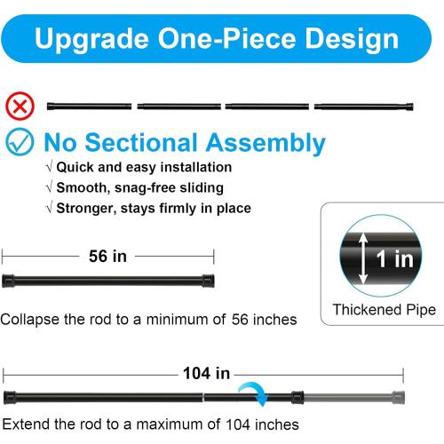 No Sectional Assembly Shower Curtain Rod 56-104 Inch, 1 Diameter Spring Long Adjustable Tension Curtain Rods for Bathroom Windows Closet No Drilling No Rust, Black