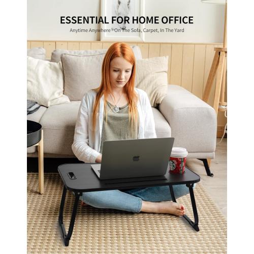Laptop Bed Desk, Foldable Lap Desk, Portable Lap Table, Laptop Stand with Cup Holder & Tablet Slot & Lifting Handle for Working Writing Drawing & Eating - Black