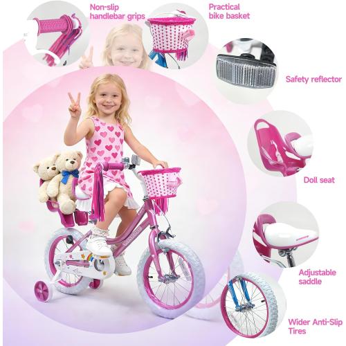 WinHope Girls Bike with Doll Seat, 12 14 16 18 20 Inch Kids Bike for 2-12 | Dual Brake with Training Wheels / Kickstand & Streamers Birthday Gift for Toddler Outdoor Riding, Multiple Colors
