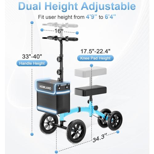 HOMLAND Knee Scooter Walker for Adults Foot Injuries Ankle Surgery, Foldable Steerable Leg Scooters with Dual Handbrake, Height Adjustable Handle & Knee Pad, Removable Storage Bag, 300 lbs Capacity